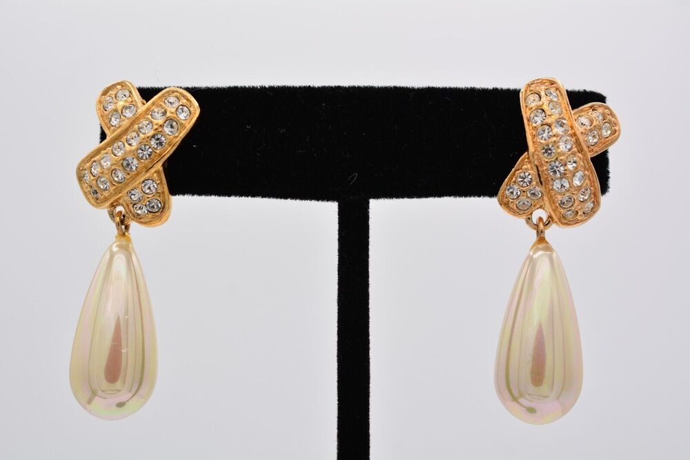 Roman Vintage Dangle Earrings Rhinestone Crystal X Faux Pearl Gold Tone BinAG